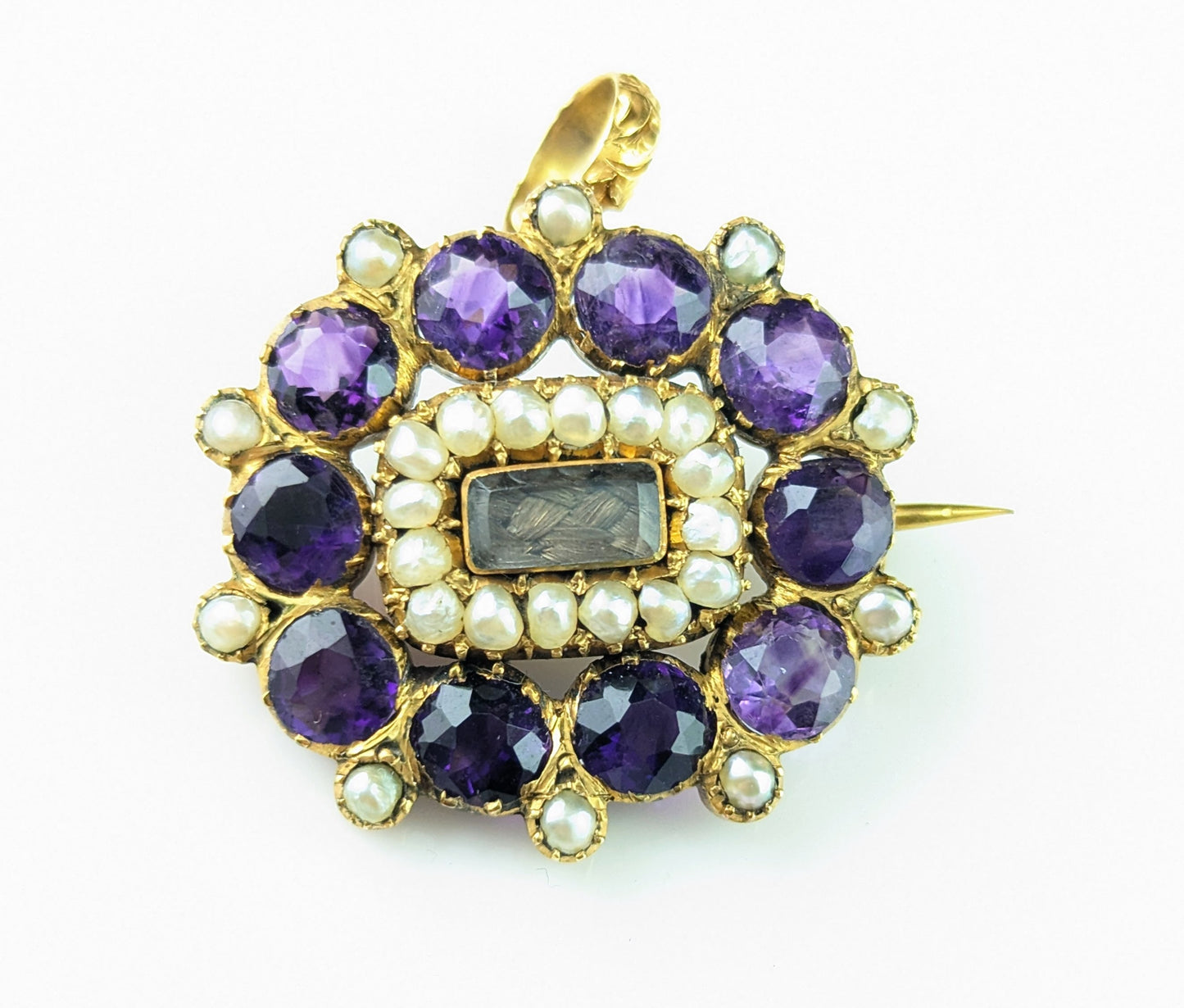 Antique Georgian mourning pendant brooch, 18ct gold, Amethyst and Pearl