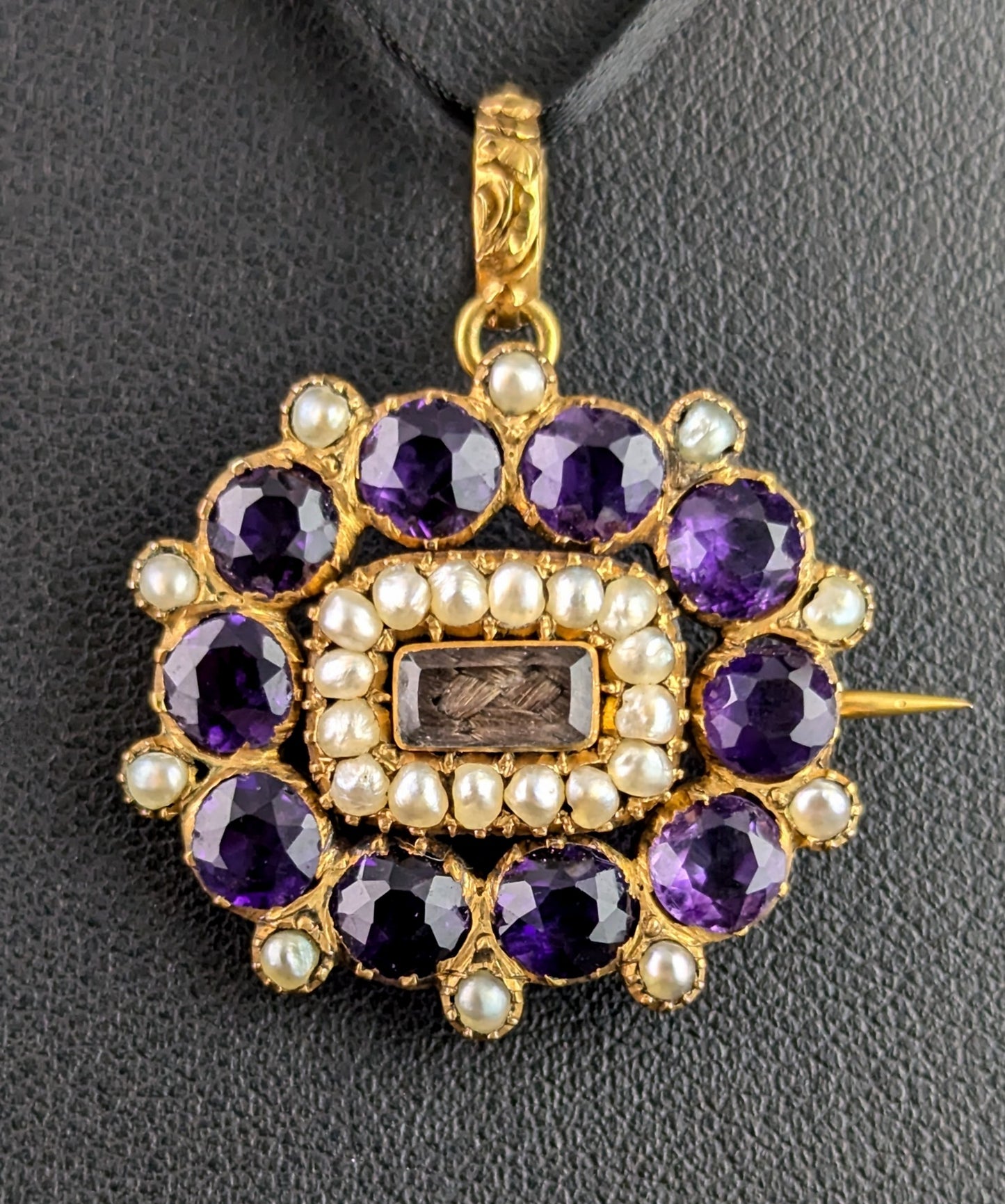 Antique Georgian mourning pendant brooch, 18ct gold, Amethyst and Pearl