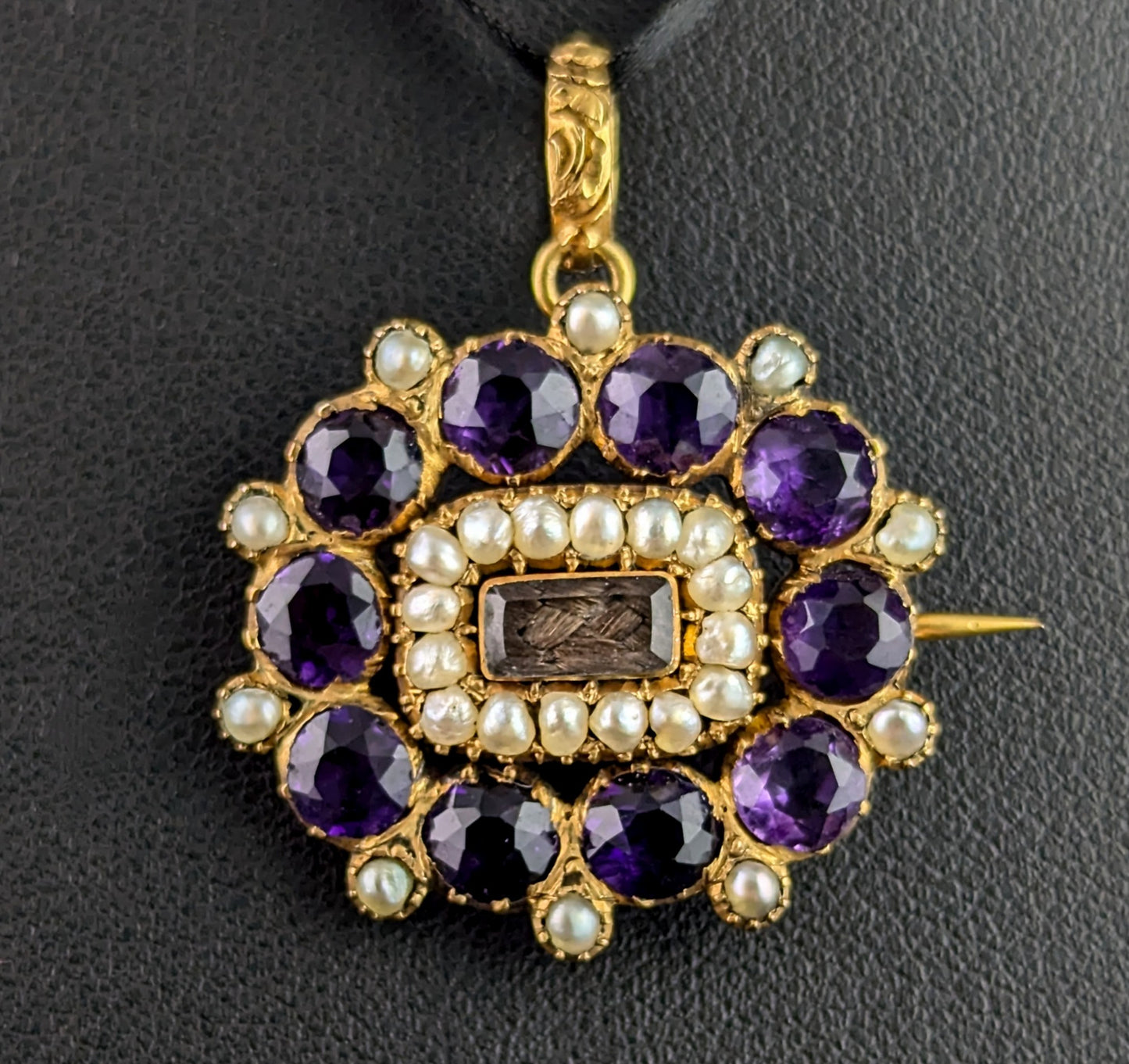 Antique Georgian mourning pendant brooch, 18ct gold, Amethyst and Pearl