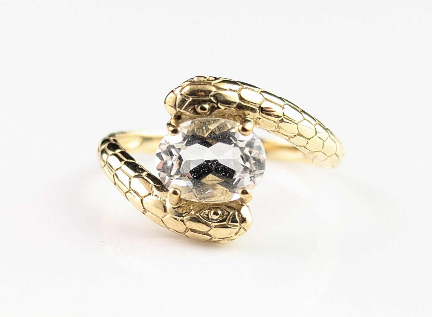 Vintage double snake ring, 9ct gold, Rock crystal