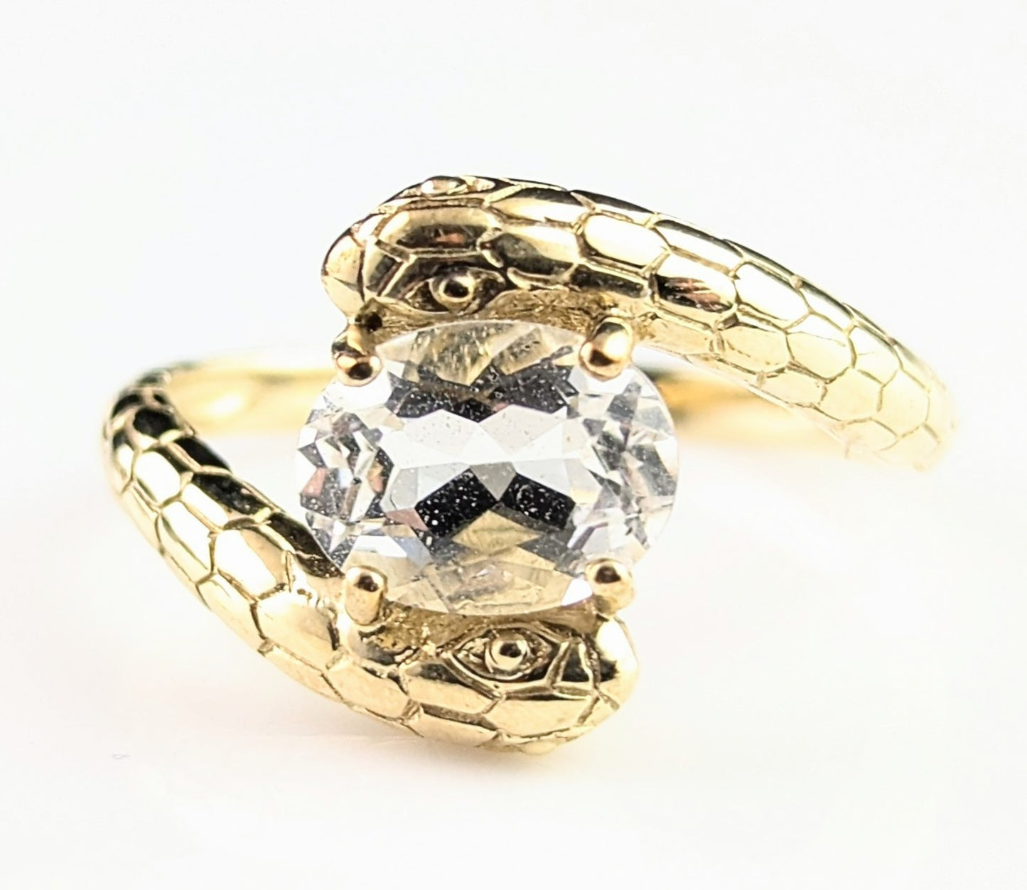 Vintage double snake ring, 9ct gold, Rock crystal