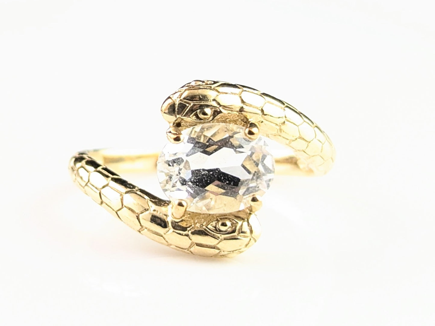 Vintage double snake ring, 9ct gold, Rock crystal