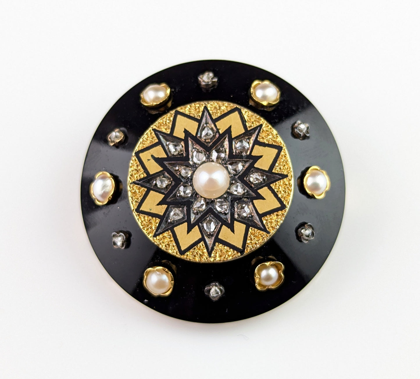 Antique Diamond star pendant brooch, 15ct gold, Onyx and black enamel