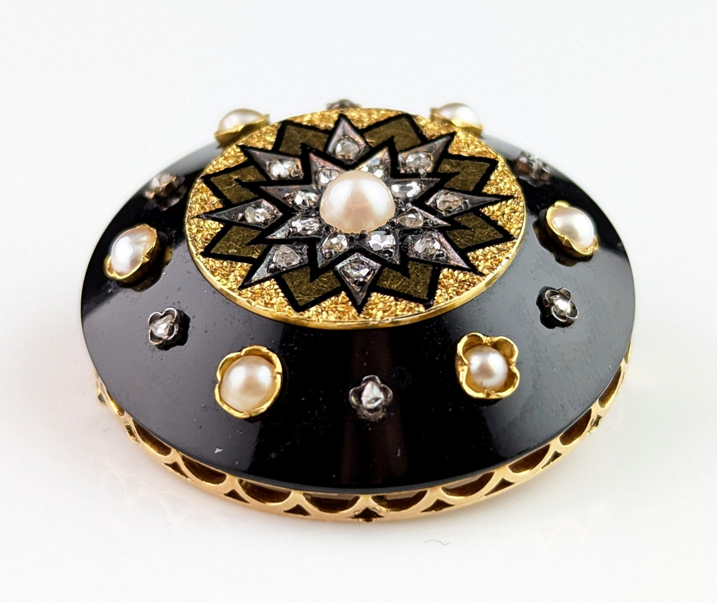 Antique Diamond star pendant brooch, 15ct gold, Onyx and black enamel