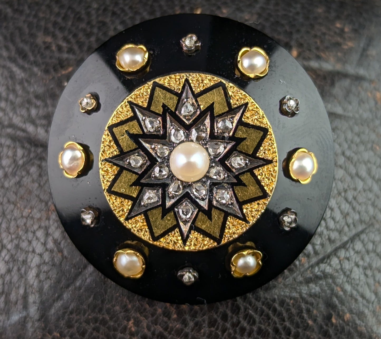 Antique Diamond star pendant brooch, 15ct gold, Onyx and black enamel