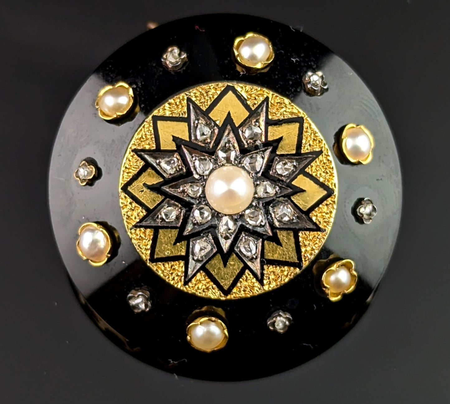 Antique Diamond star pendant brooch, 15ct gold, Onyx and black enamel