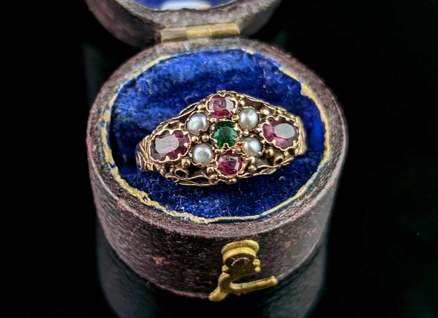 Antique Garnet, Pearl and Green paste ring, 15ct gold, Victorian