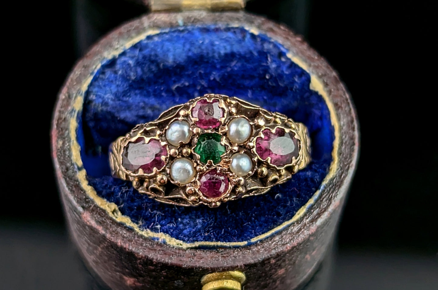 Antique Garnet, Pearl and Green paste ring, 15ct gold, Victorian