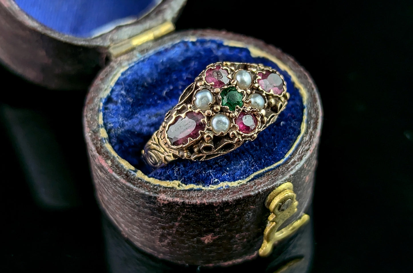 Antique Garnet, Pearl and Green paste ring, 15ct gold, Victorian