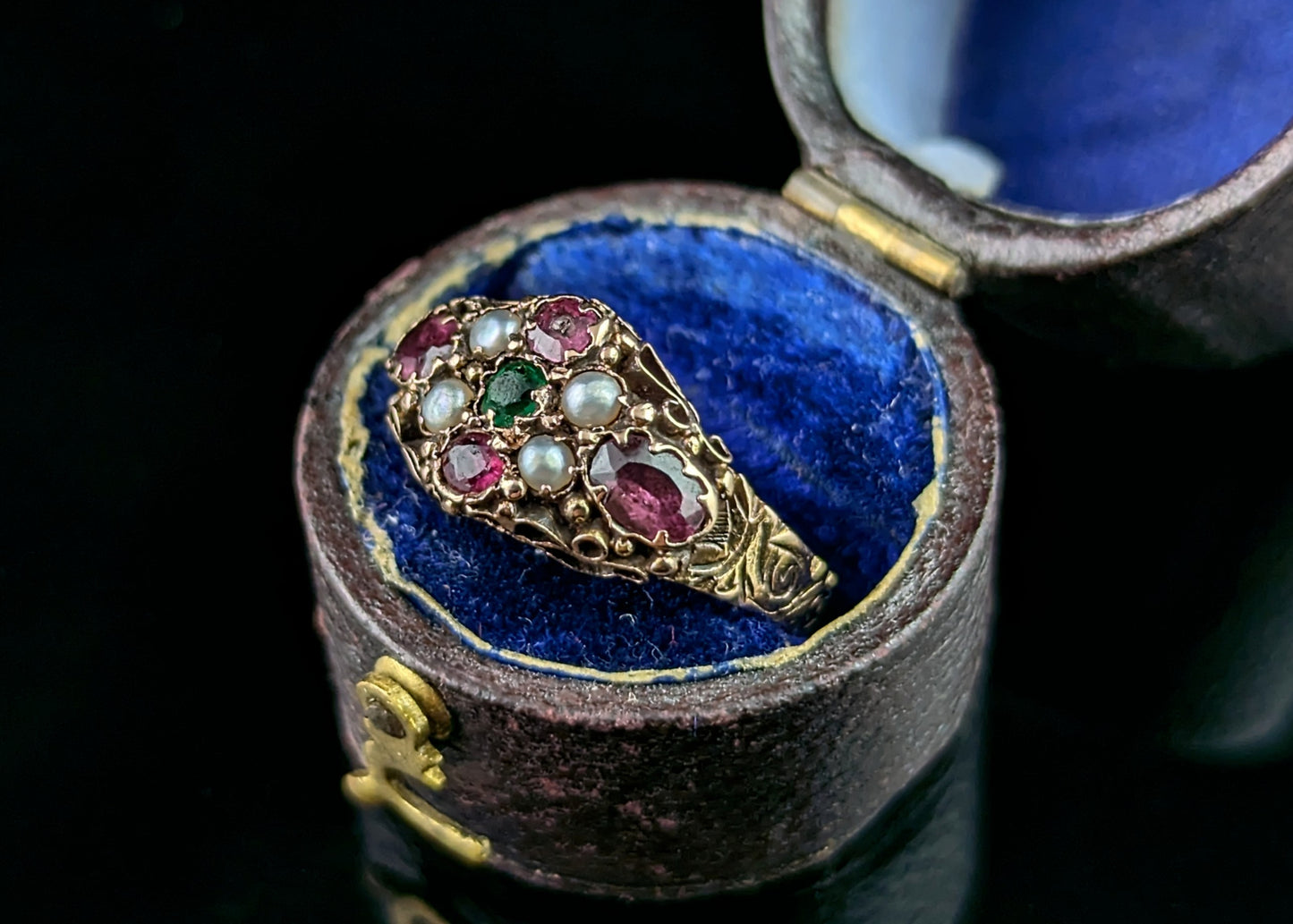 Antique Garnet, Pearl and Green paste ring, 15ct gold, Victorian