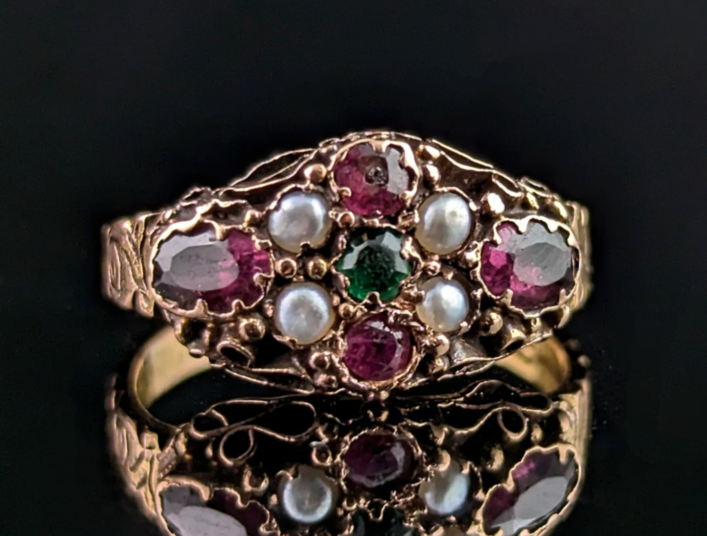 Antique Garnet, Pearl and Green paste ring, 15ct gold, Victorian