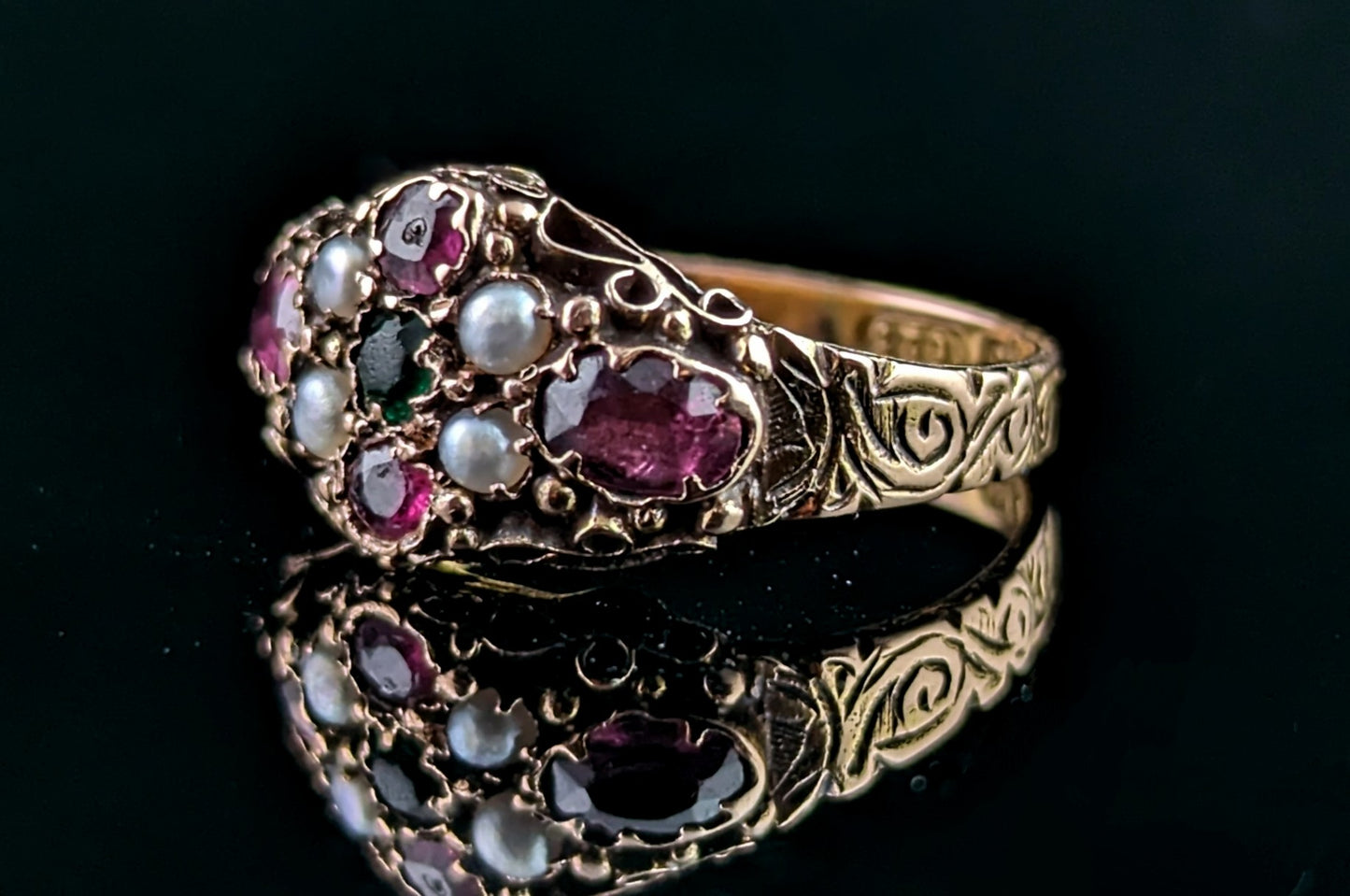 Antique Garnet, Pearl and Green paste ring, 15ct gold, Victorian