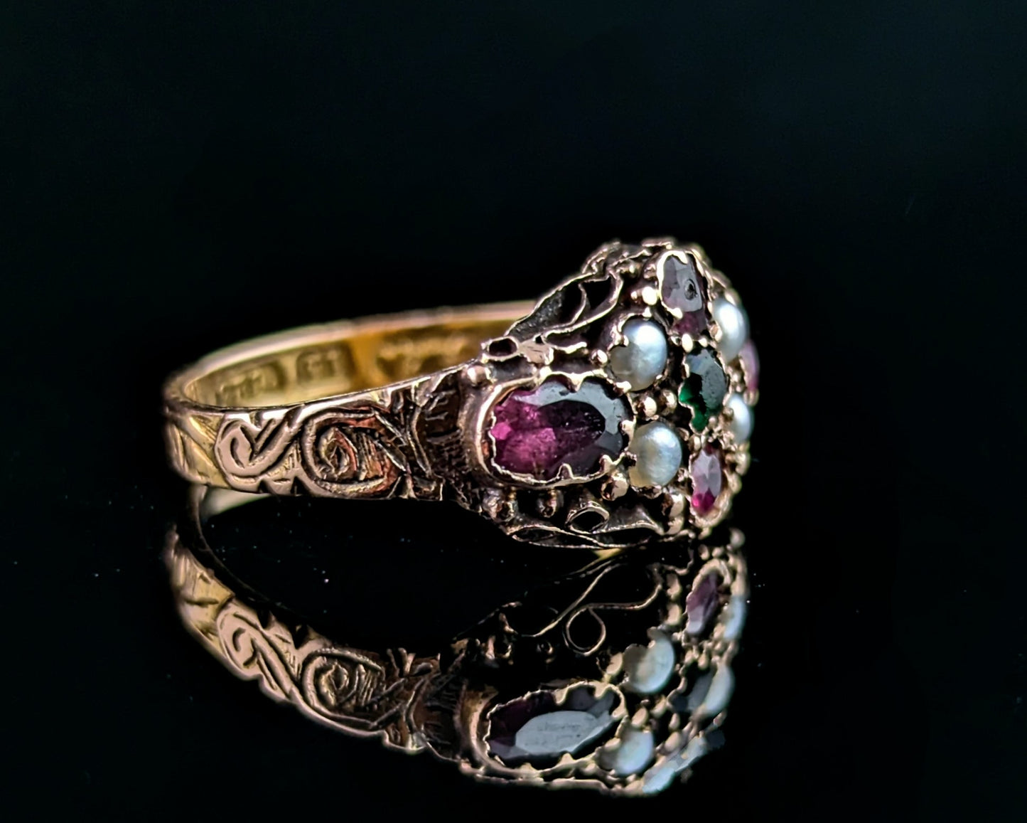 Antique Garnet, Pearl and Green paste ring, 15ct gold, Victorian