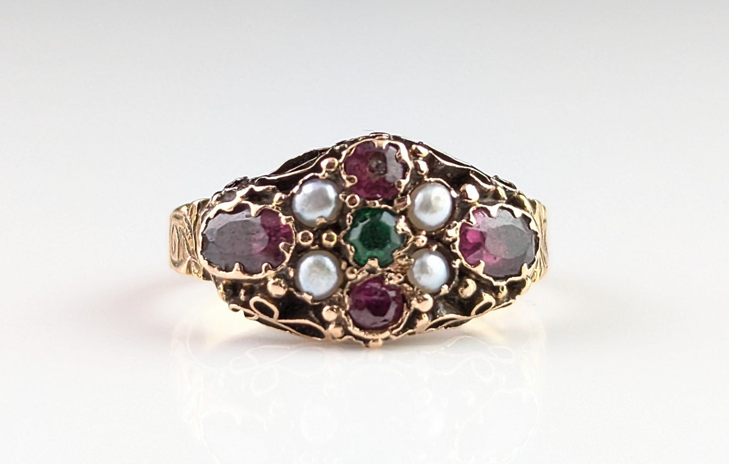 Antique Garnet, Pearl and Green paste ring, 15ct gold, Victorian