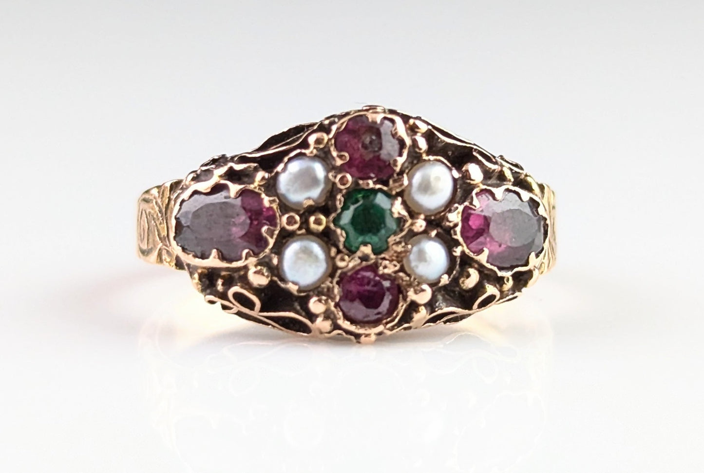 Antique Garnet, Pearl and Green paste ring, 15ct gold, Victorian