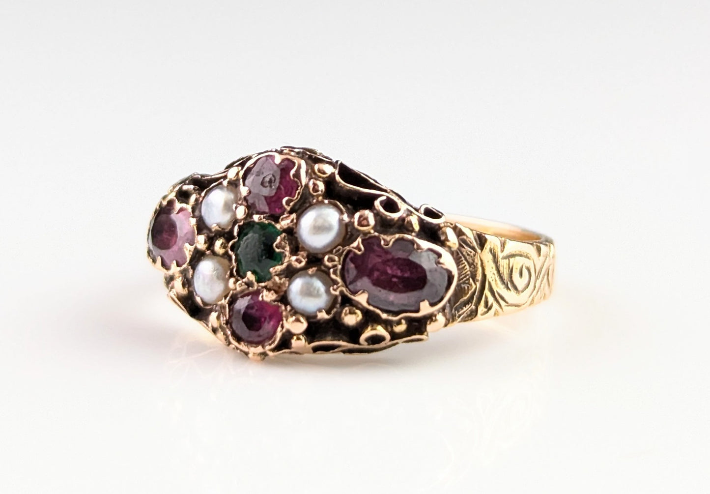 Antique Garnet, Pearl and Green paste ring, 15ct gold, Victorian