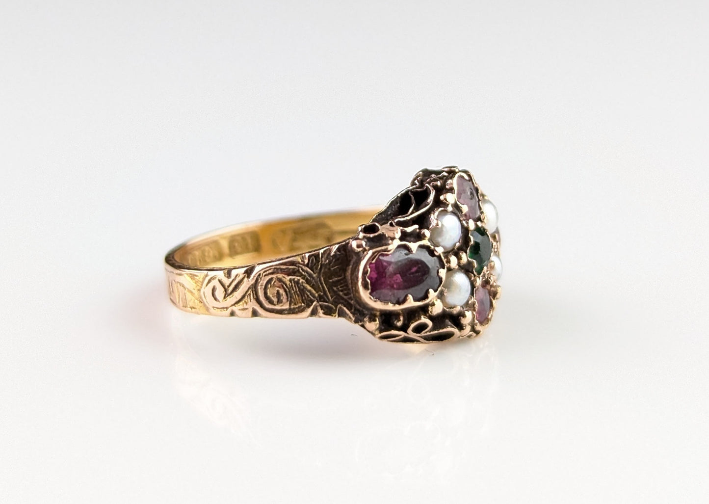 Antique Garnet, Pearl and Green paste ring, 15ct gold, Victorian