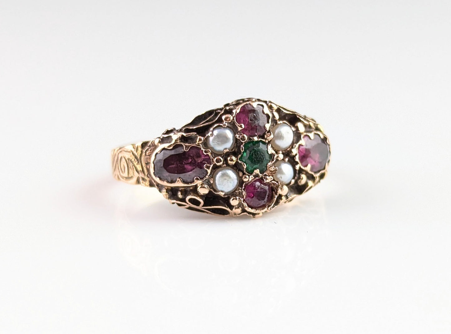 Antique Garnet, Pearl and Green paste ring, 15ct gold, Victorian