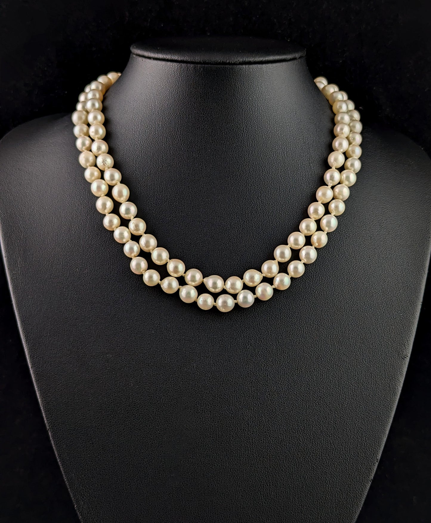 Vintage Double row Cultured Pearl necklace, 9k yellow gold and Turquoise clasp