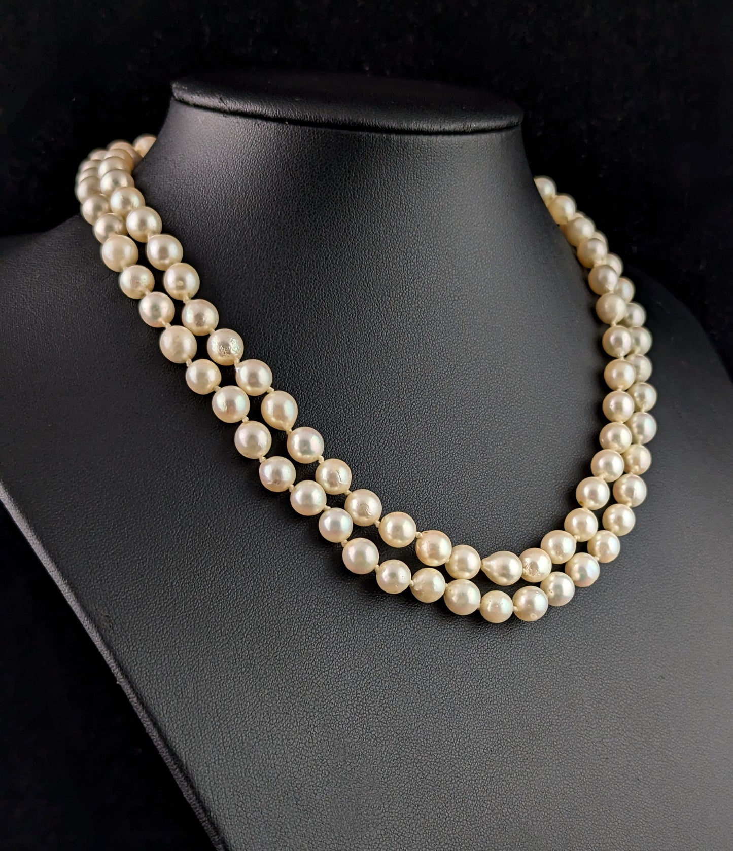 Vintage Double row Cultured Pearl necklace, 9k yellow gold and Turquoise clasp