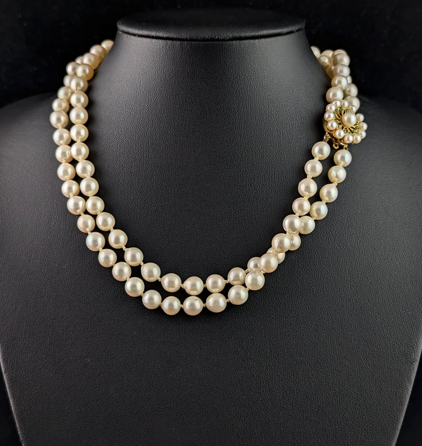 Vintage Double row Cultured Pearl necklace, 9k yellow gold and Turquoise clasp