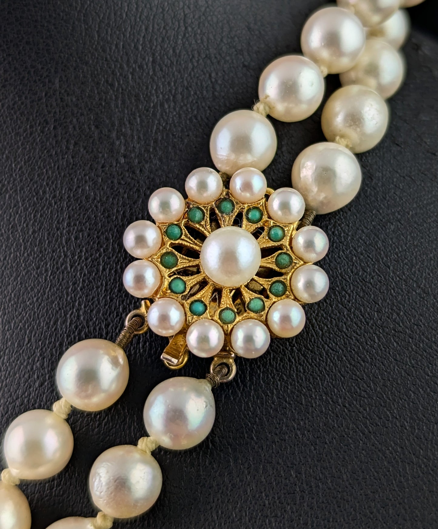 Vintage Double row Cultured Pearl necklace, 9k yellow gold and Turquoise clasp