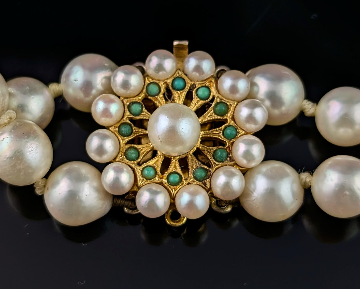 Vintage Double row Cultured Pearl necklace, 9k yellow gold and Turquoise clasp