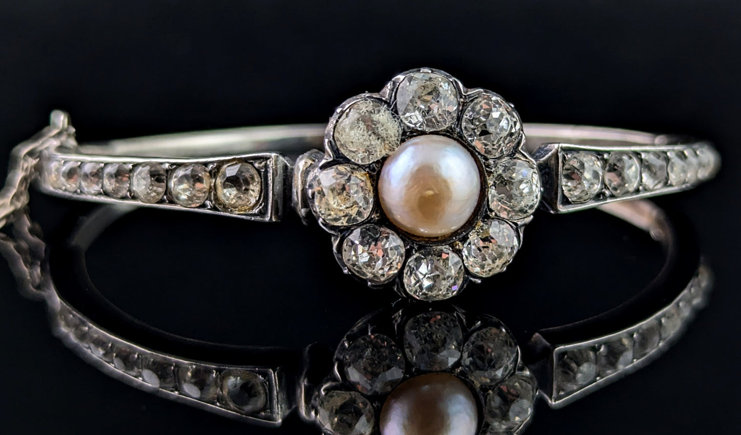 Antique Silver, Paste and Faux pearl flower bangle, Victorian