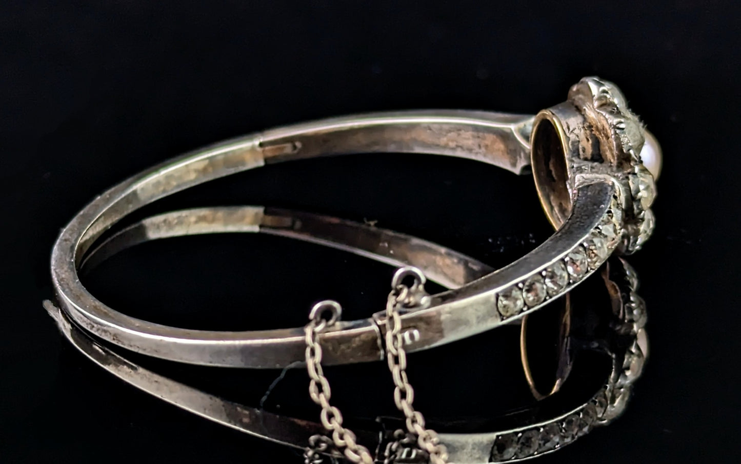 Antique Silver, Paste and Faux pearl flower bangle, Victorian