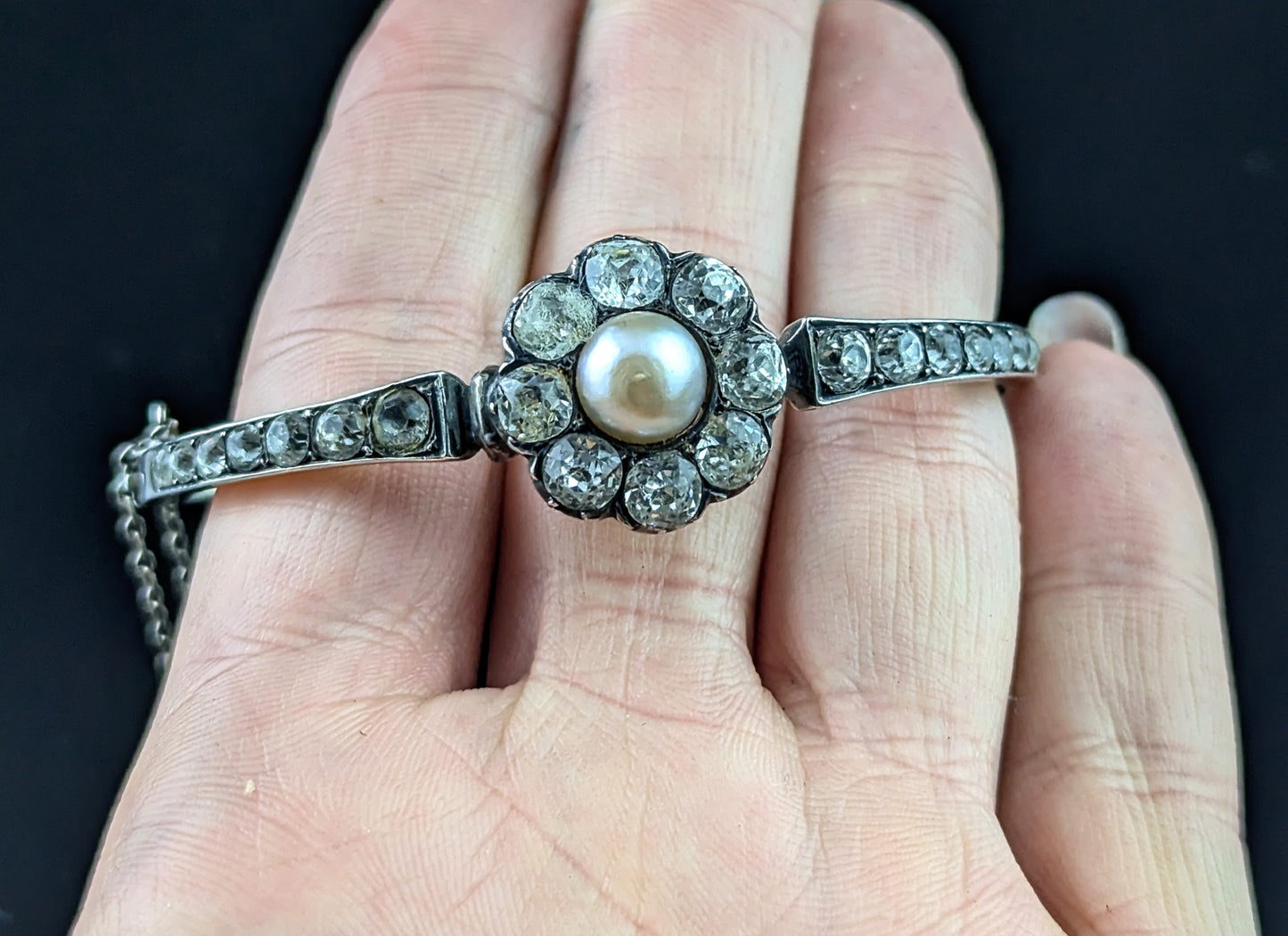 Antique Silver, Paste and Faux pearl flower bangle, Victorian