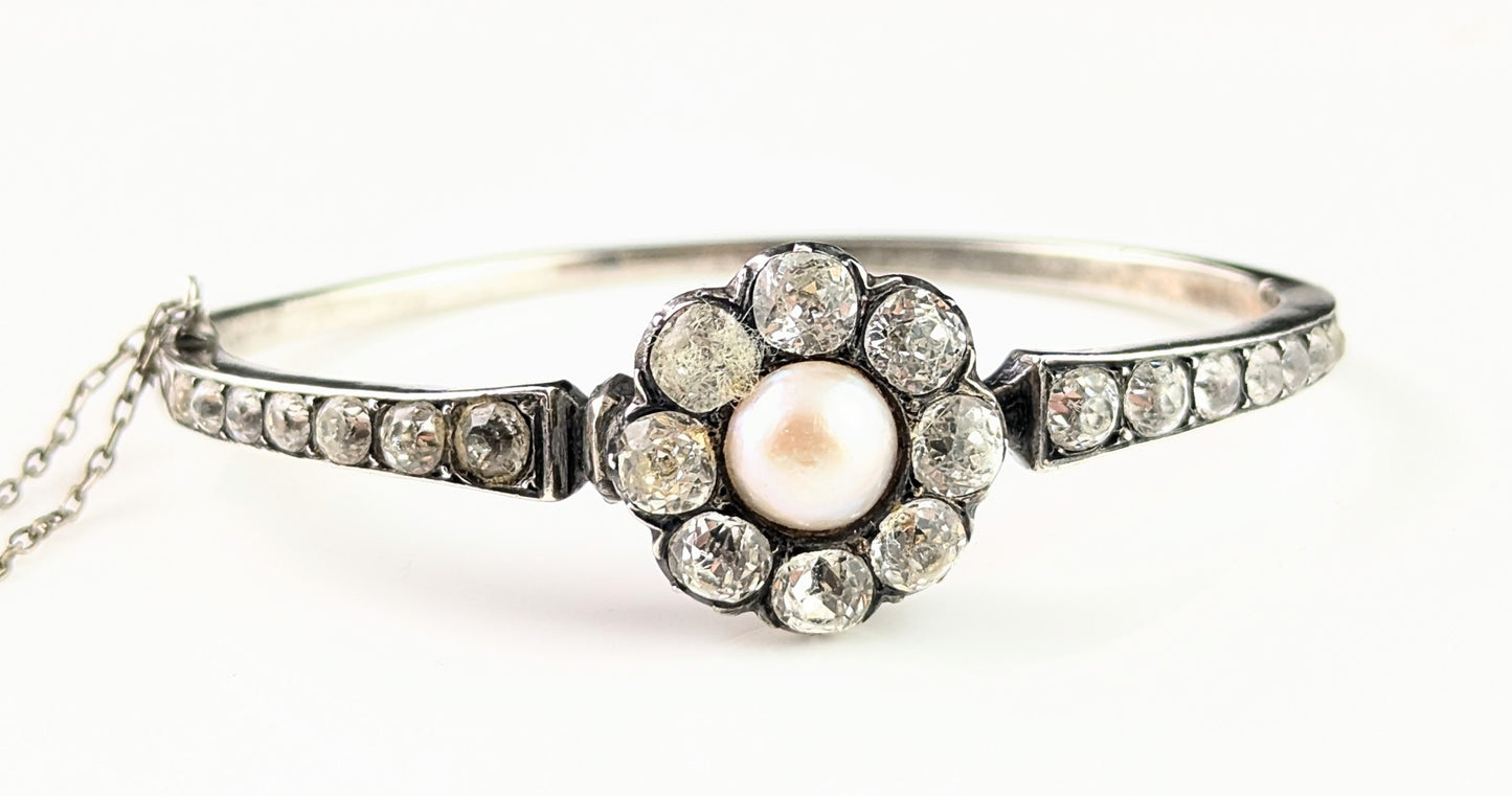 Antique Silver, Paste and Faux pearl flower bangle, Victorian