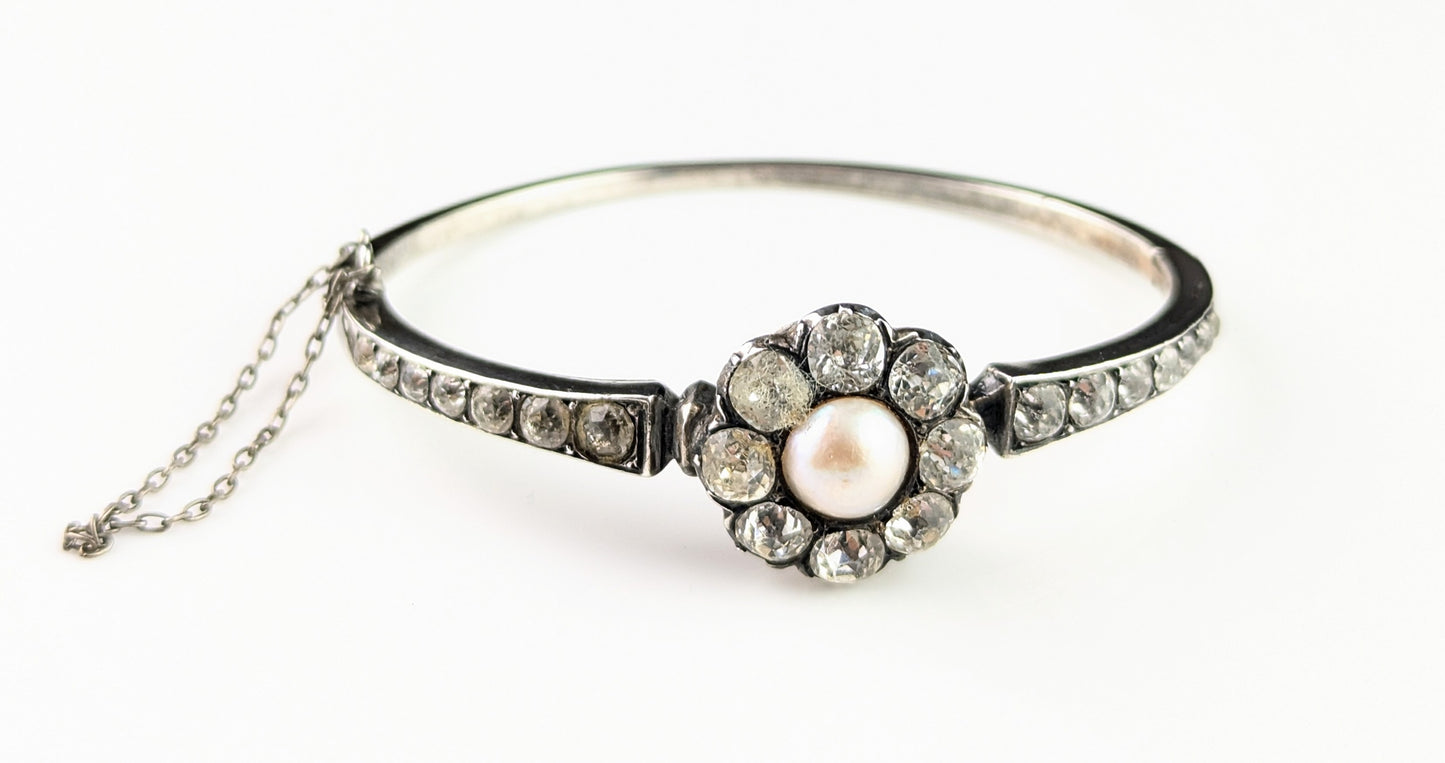 Antique Silver, Paste and Faux pearl flower bangle, Victorian