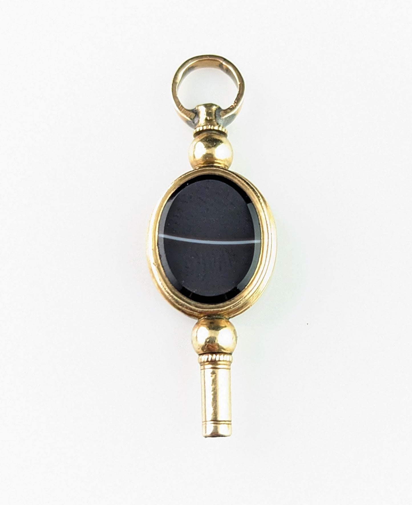 Antique 9ct gold cased watch key pendant, Banded agate