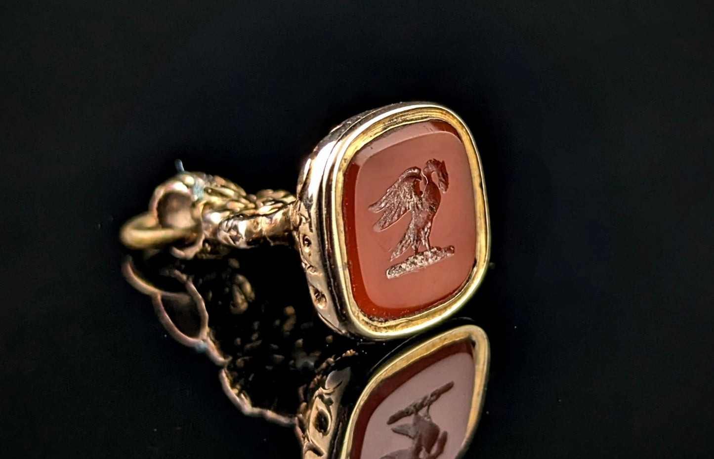 Antique Carnelian seal fob pendant, Swan, 9ct gold cased