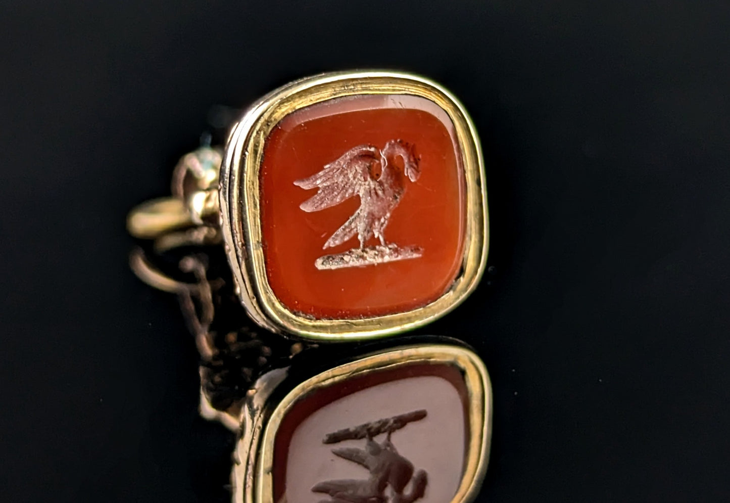 Antique Carnelian seal fob pendant, Swan, 9ct gold cased