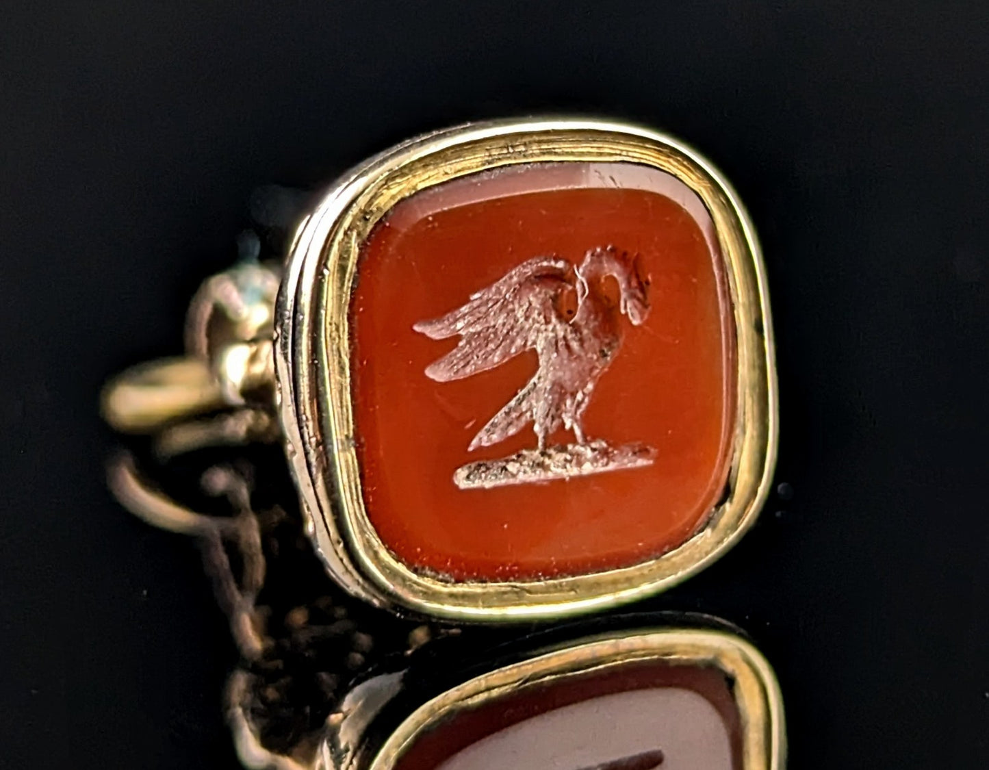 Antique Carnelian seal fob pendant, Swan, 9ct gold cased