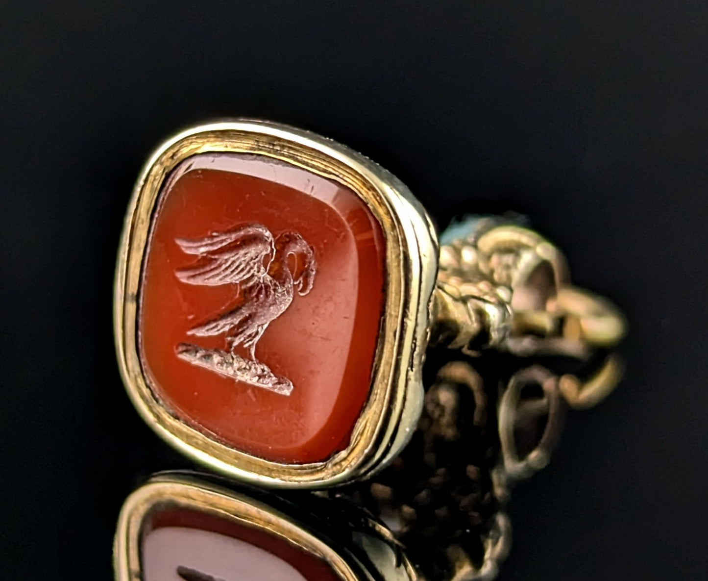 Antique Carnelian seal fob pendant, Swan, 9ct gold cased