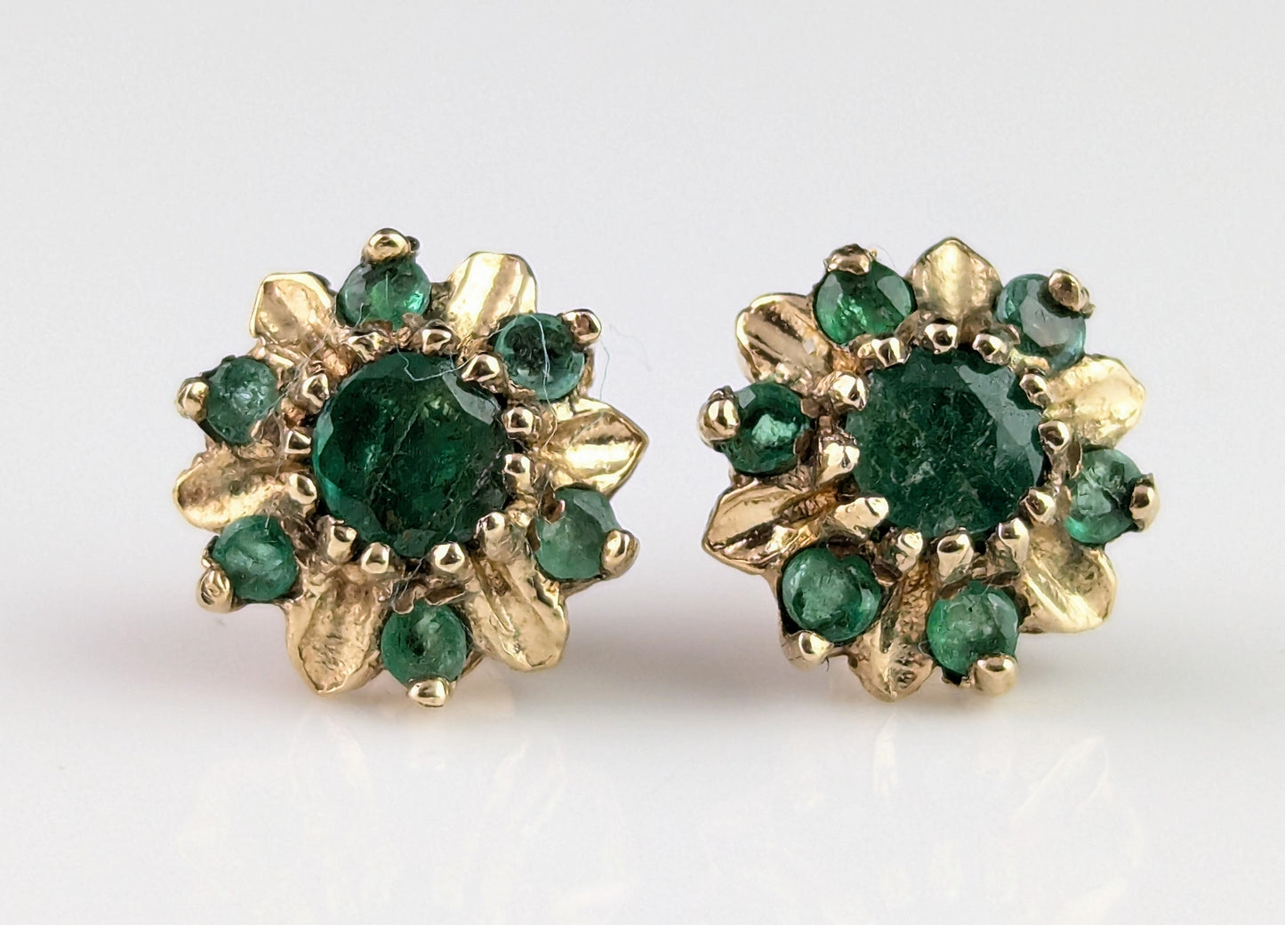 Vintage Emerald floral stud earrings, 9ct yellow gold