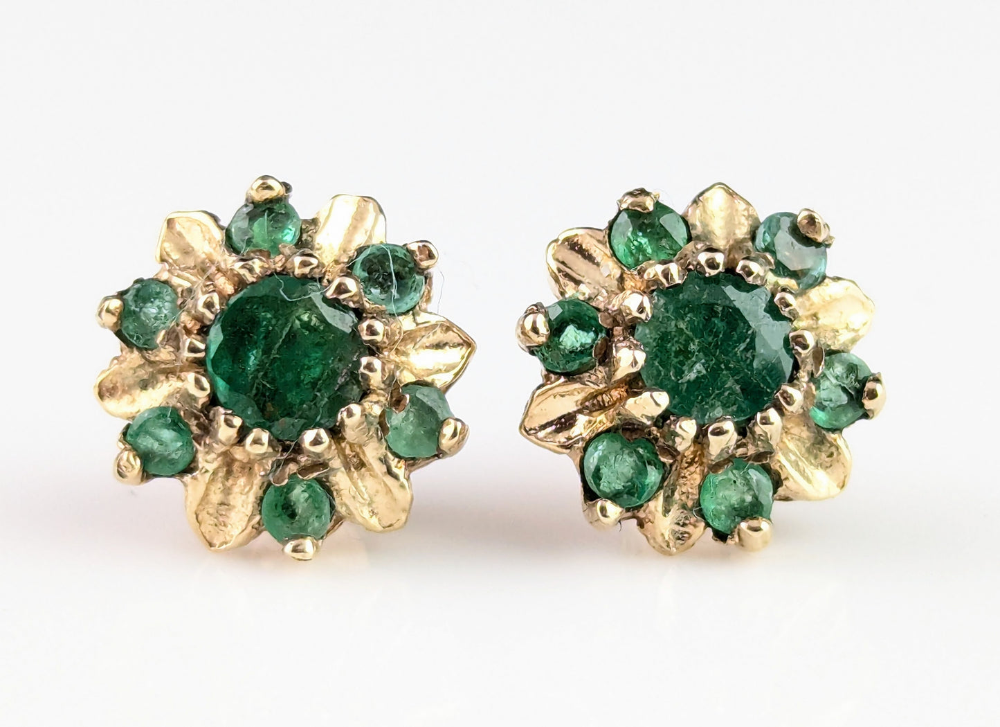 Vintage Emerald floral stud earrings, 9ct yellow gold