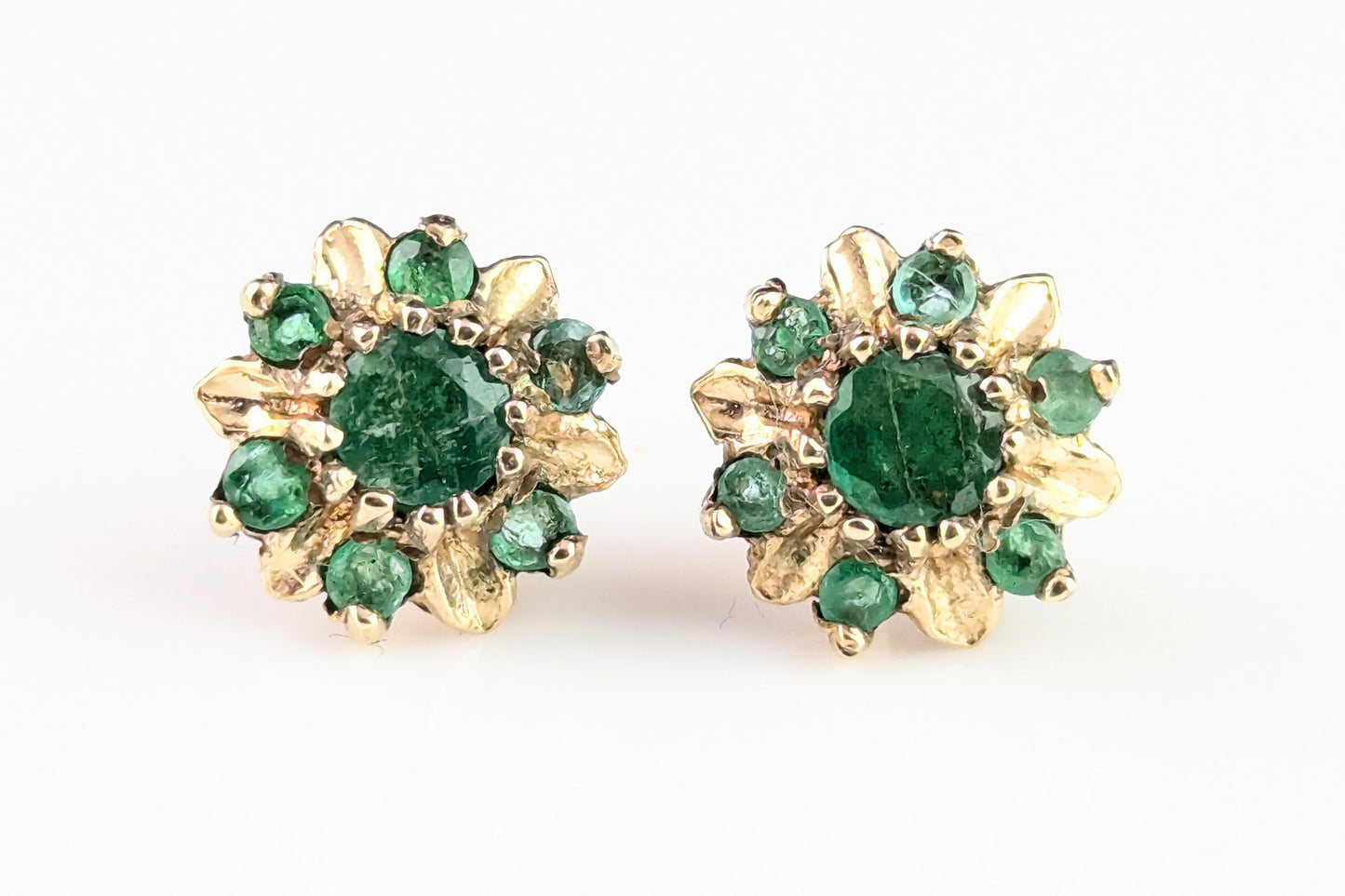 Vintage Emerald floral stud earrings, 9ct yellow gold