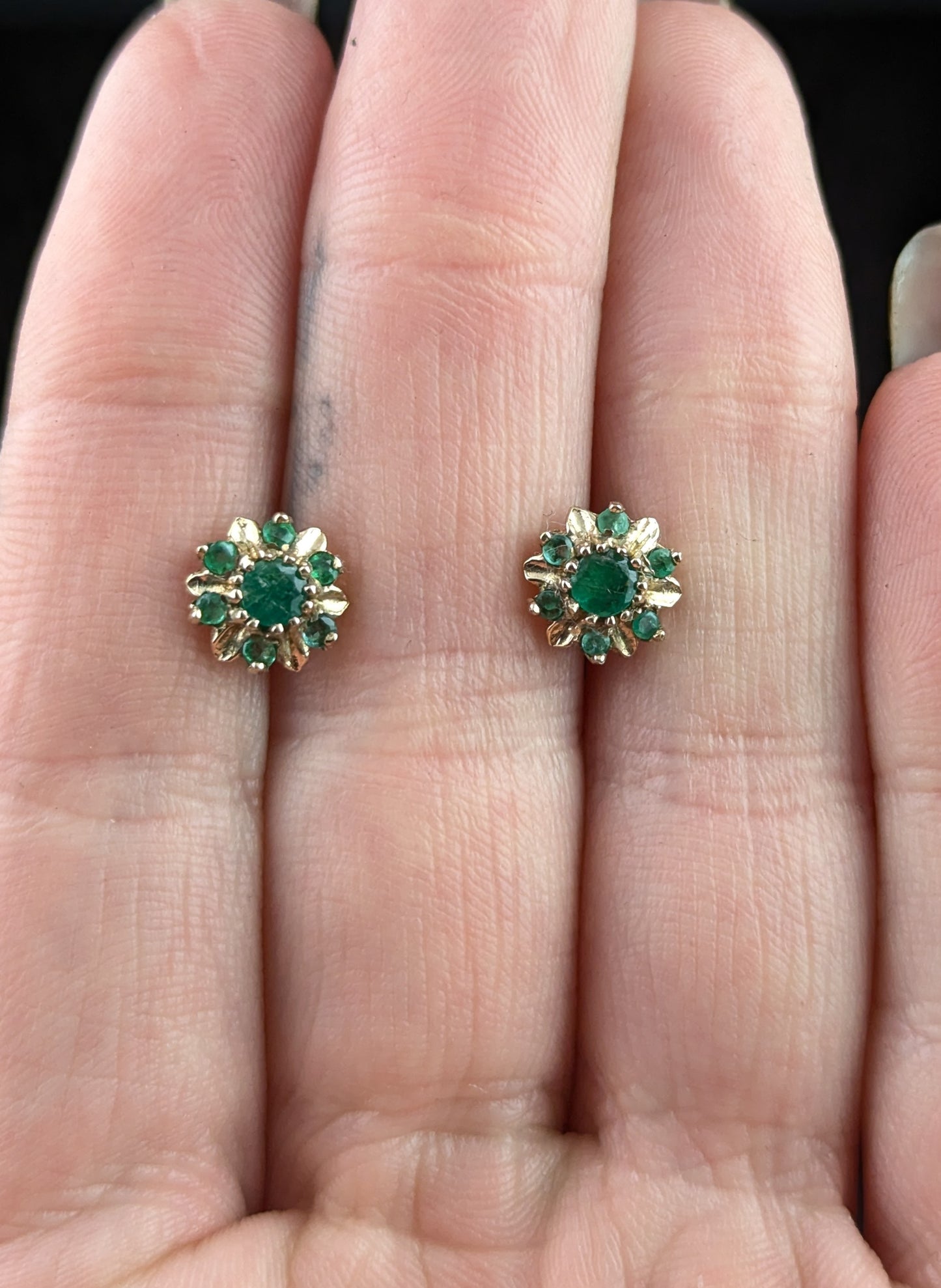 Vintage Emerald floral stud earrings, 9ct yellow gold