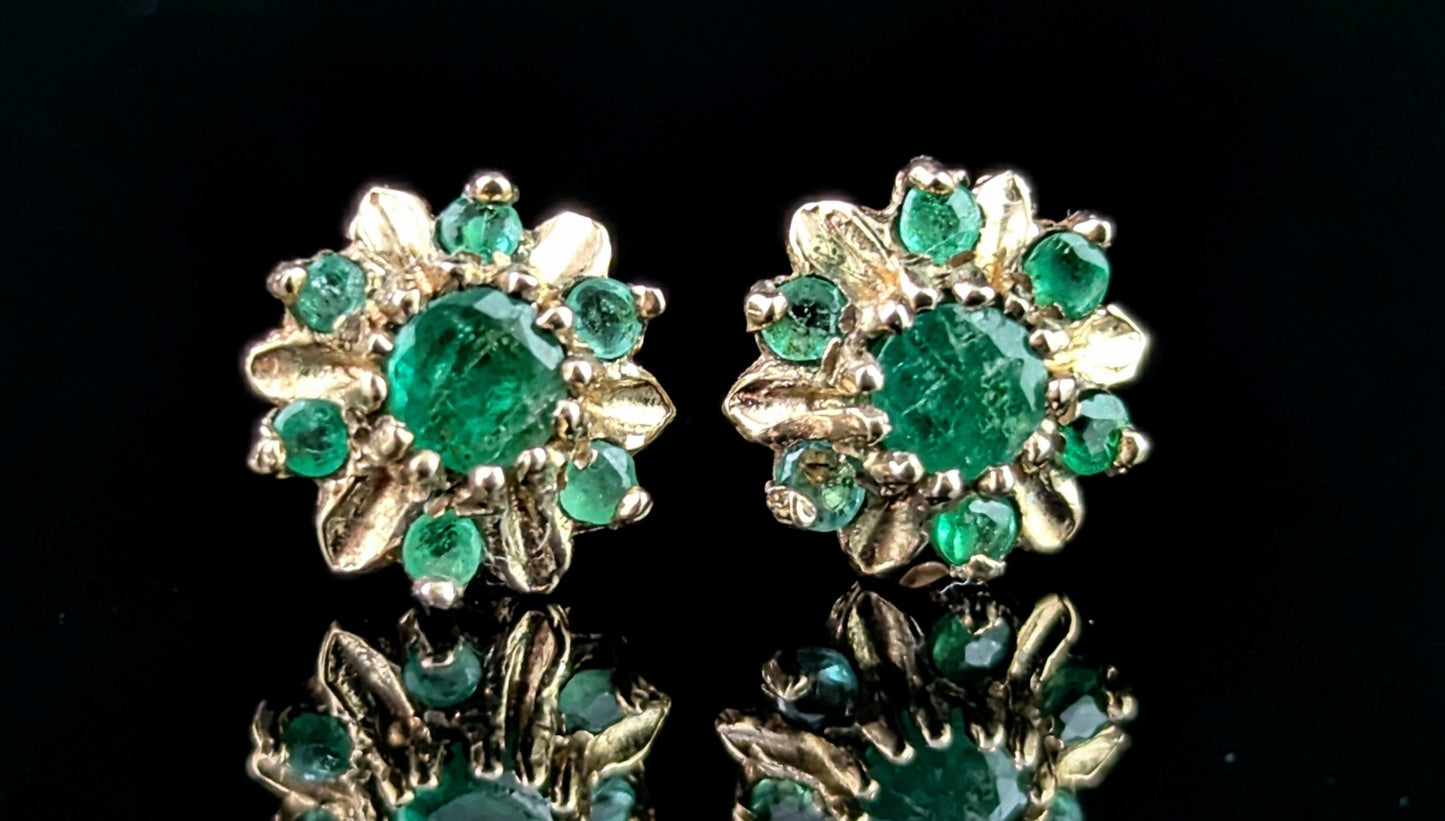 Vintage Emerald floral stud earrings, 9ct yellow gold