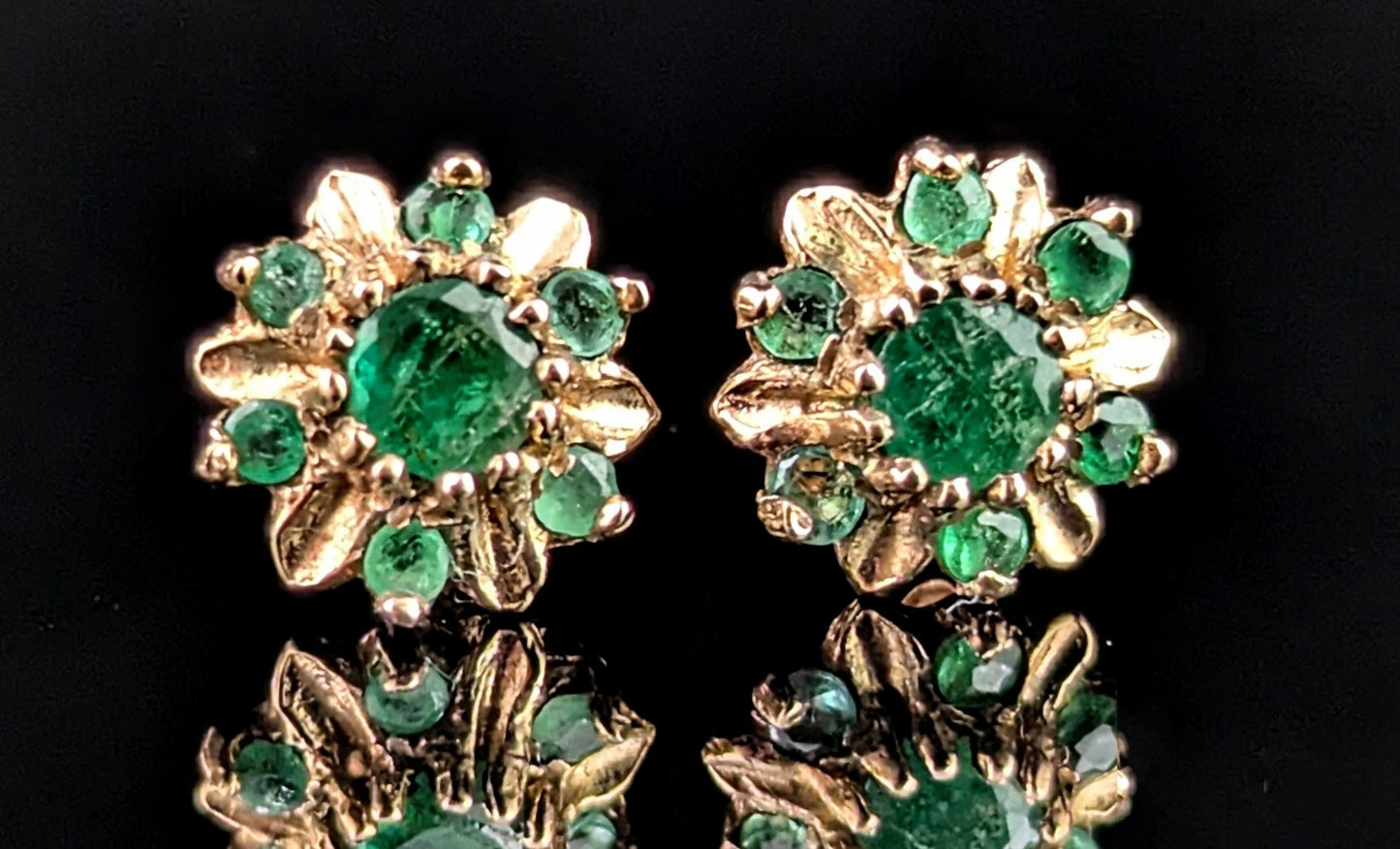 Vintage Emerald floral stud earrings, 9ct yellow gold