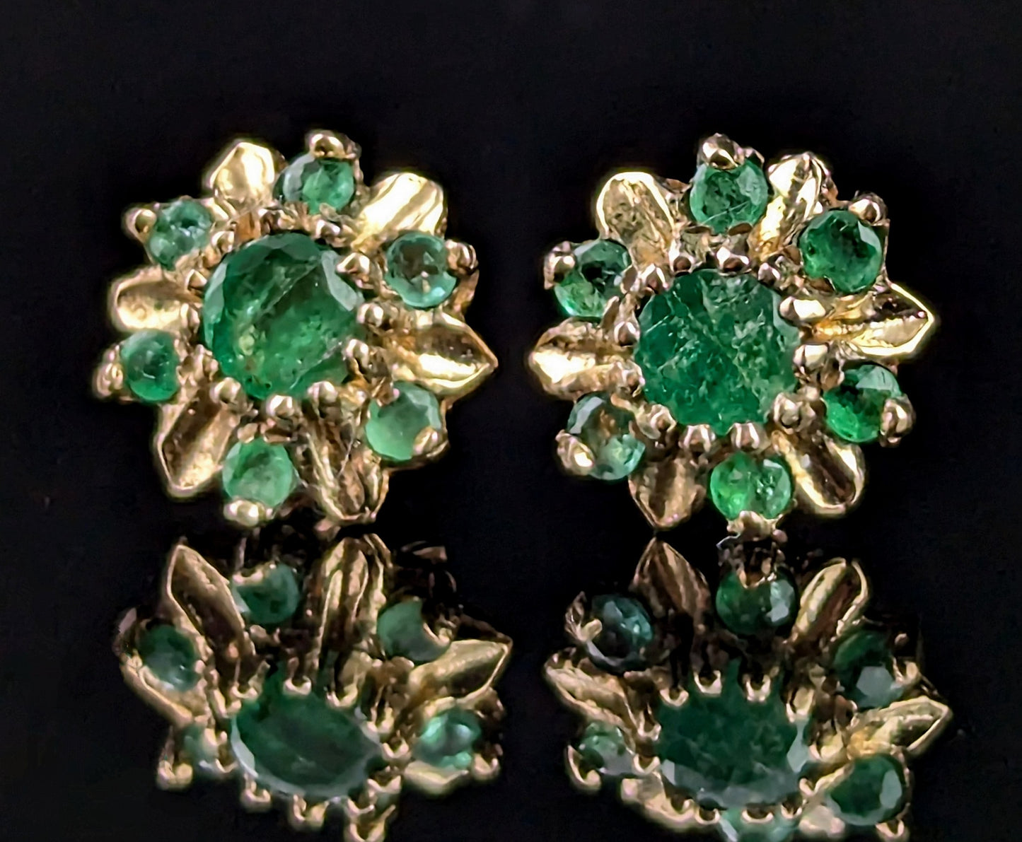 Vintage Emerald floral stud earrings, 9ct yellow gold