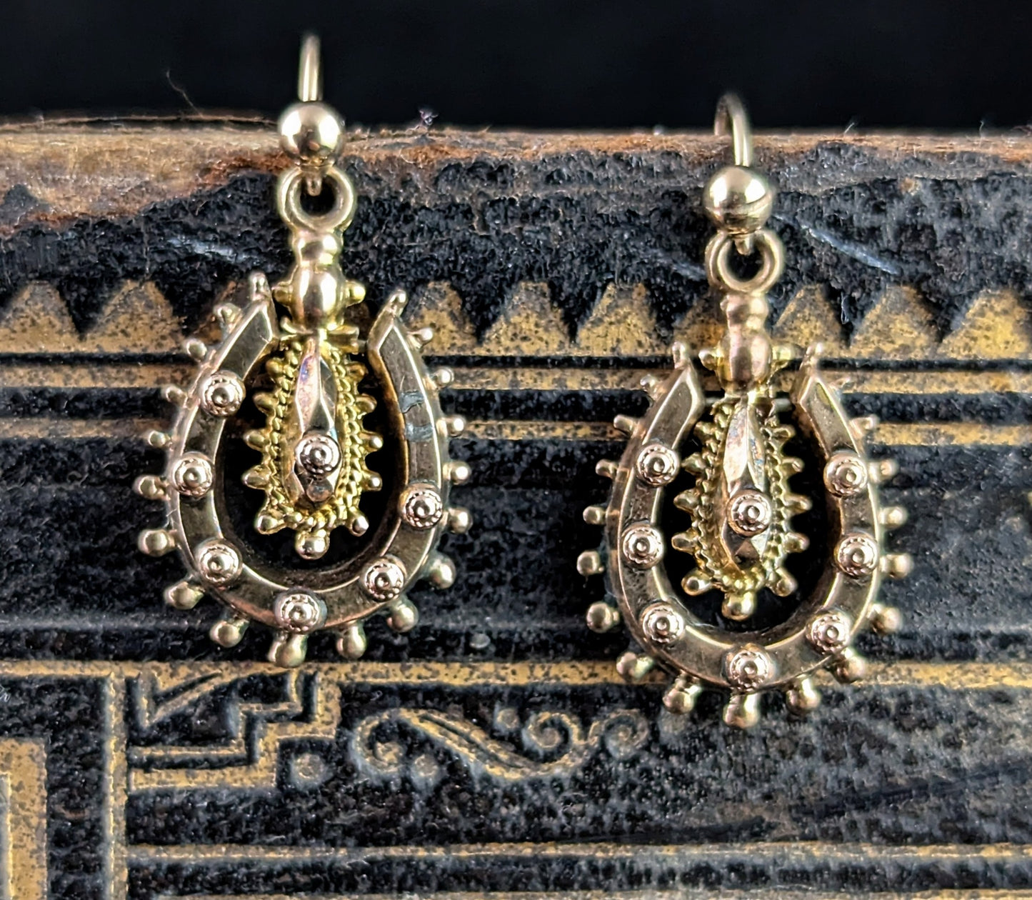 Antique Victorian 9ct gold lucky horseshoe earrings, Etruscan revival