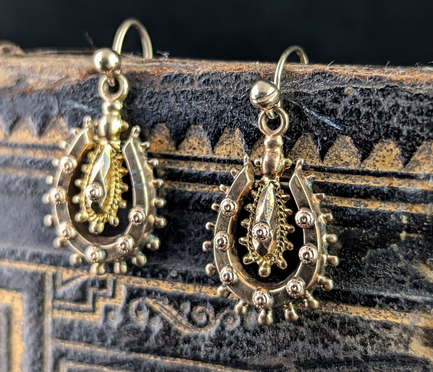 Antique Victorian 9ct gold lucky horseshoe earrings, Etruscan revival