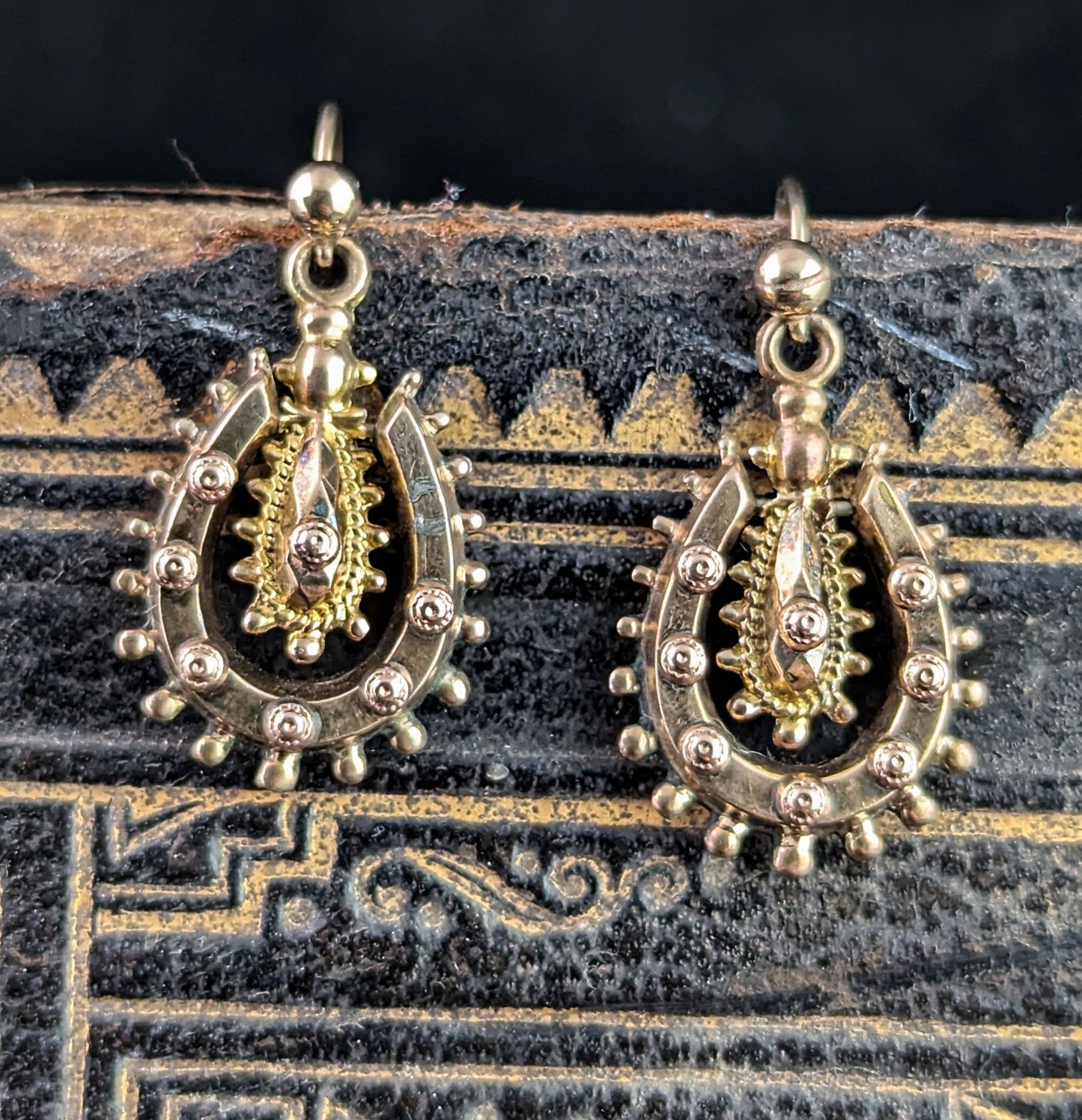 Antique Victorian 9ct gold lucky horseshoe earrings, Etruscan revival