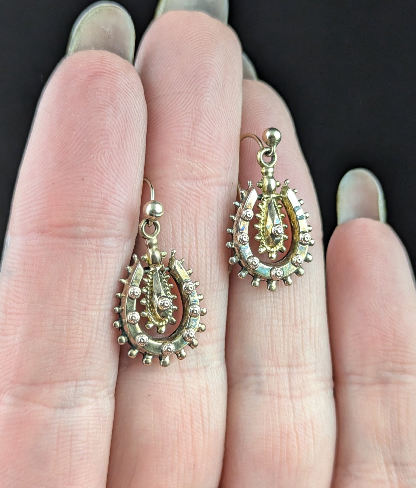 Antique Victorian 9ct gold lucky horseshoe earrings, Etruscan revival