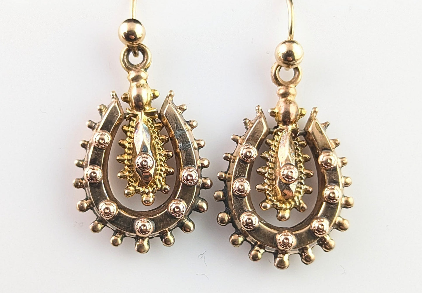 Antique Victorian 9ct gold lucky horseshoe earrings, Etruscan revival