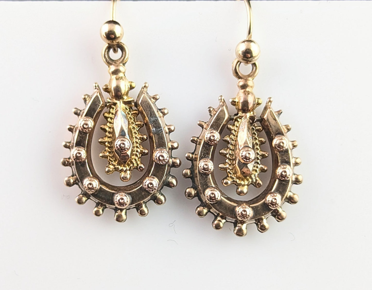 Antique Victorian 9ct gold lucky horseshoe earrings, Etruscan revival